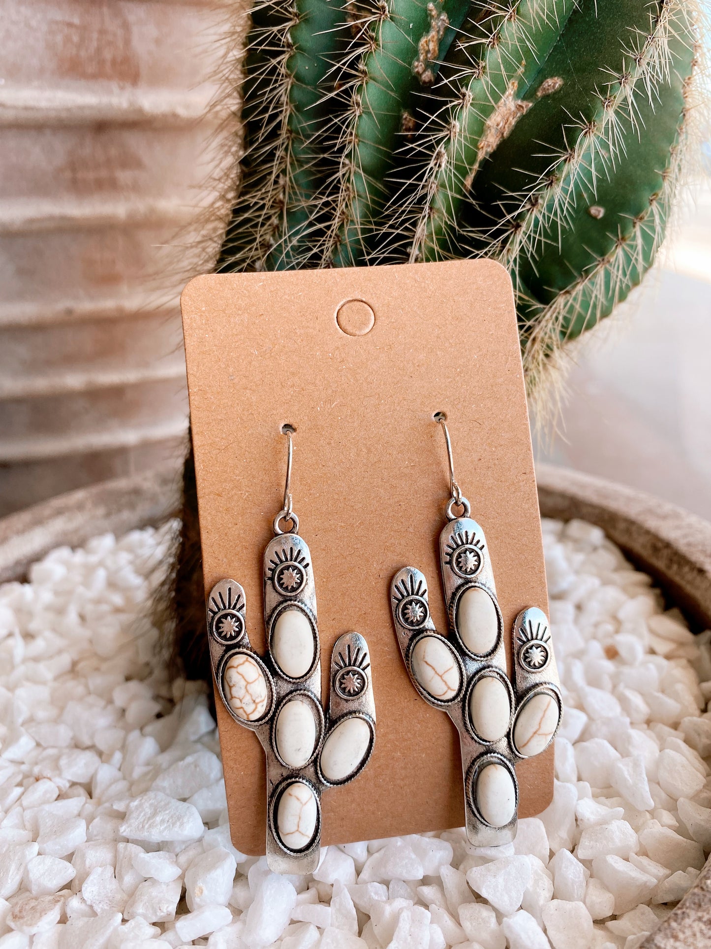 Cactus Earrings - Silver & White