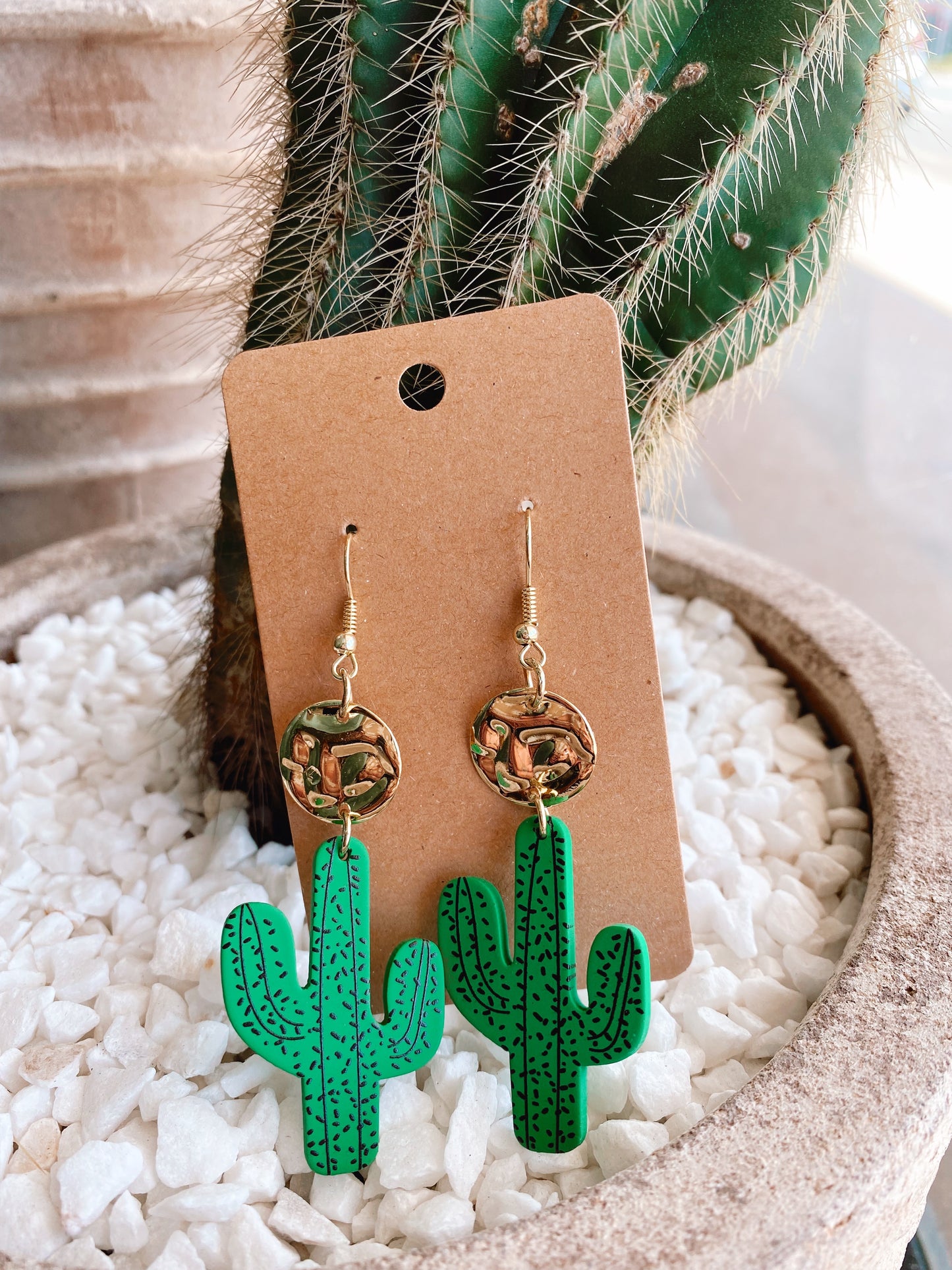 Cactus Earrings - Green & Gold Hanging